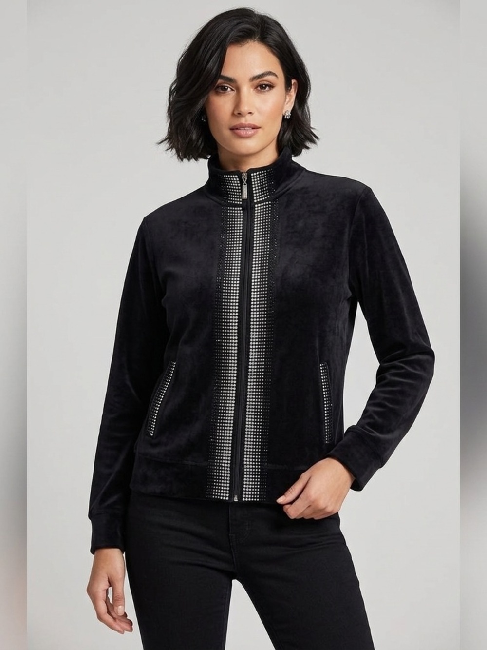 Kaktus Jacket Womens 1X Black Velour Studded Full Zip Collared Casual Top Soft